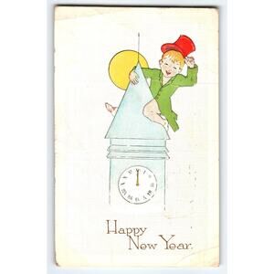 Vintage 1914 New Year Postcard Boy on Clock Tower Fairman Co.